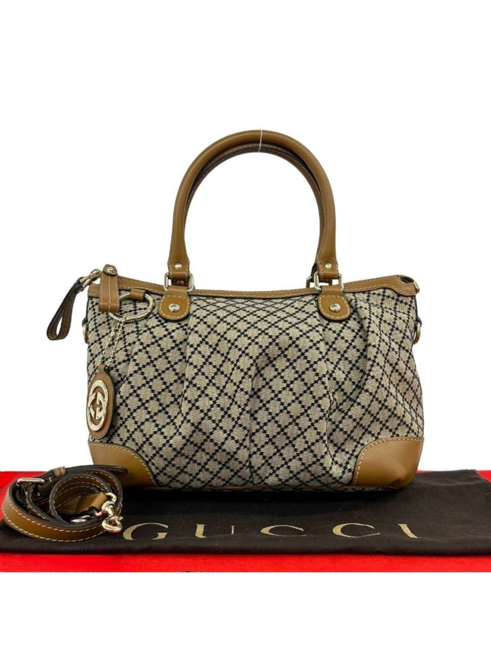 Gucci Sukey Diamante Canvas Leather 2-Way Shoulder Bag Beige
